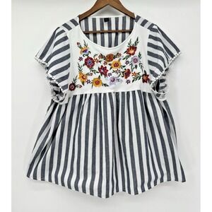 Shein curve 3X short sleeve floral embroidered tunic stripes fiesta huipil latin